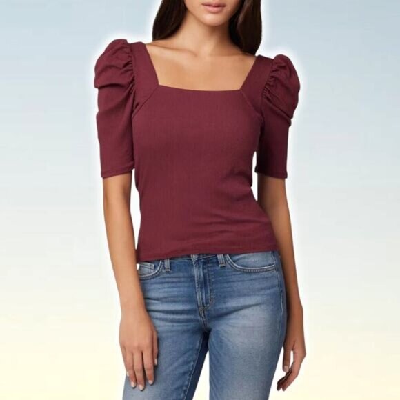 NWT JOE'S JEANS Monica Square-Neck Puff-Sleeve Top Sz XS Zinfandel - Picture 1 of 6